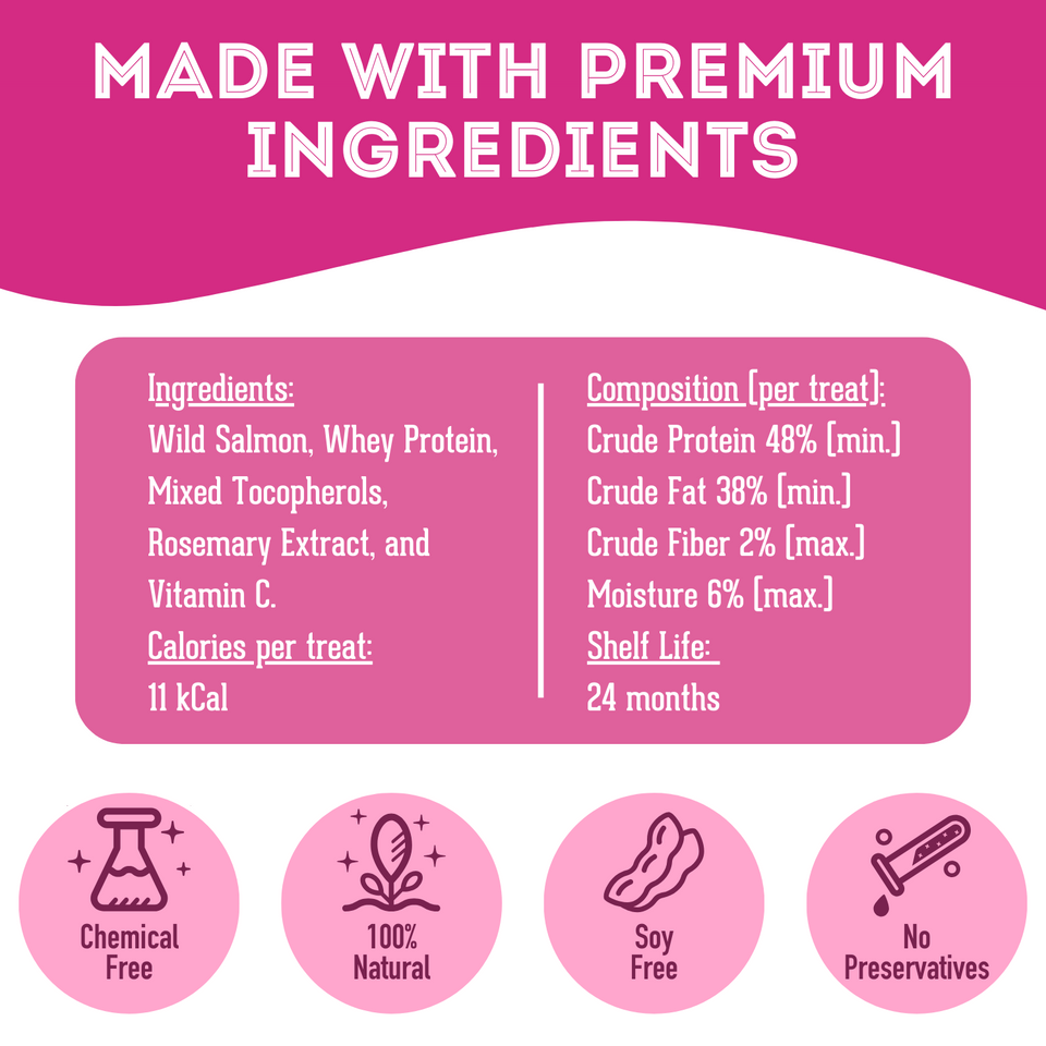 Let's Hook Up - Freeze Dried Wild Salmon Treat for Dogs & Cats. It's made with premium ingredients. It's chemical-free, 100% natural, soy free and has no preservatives.