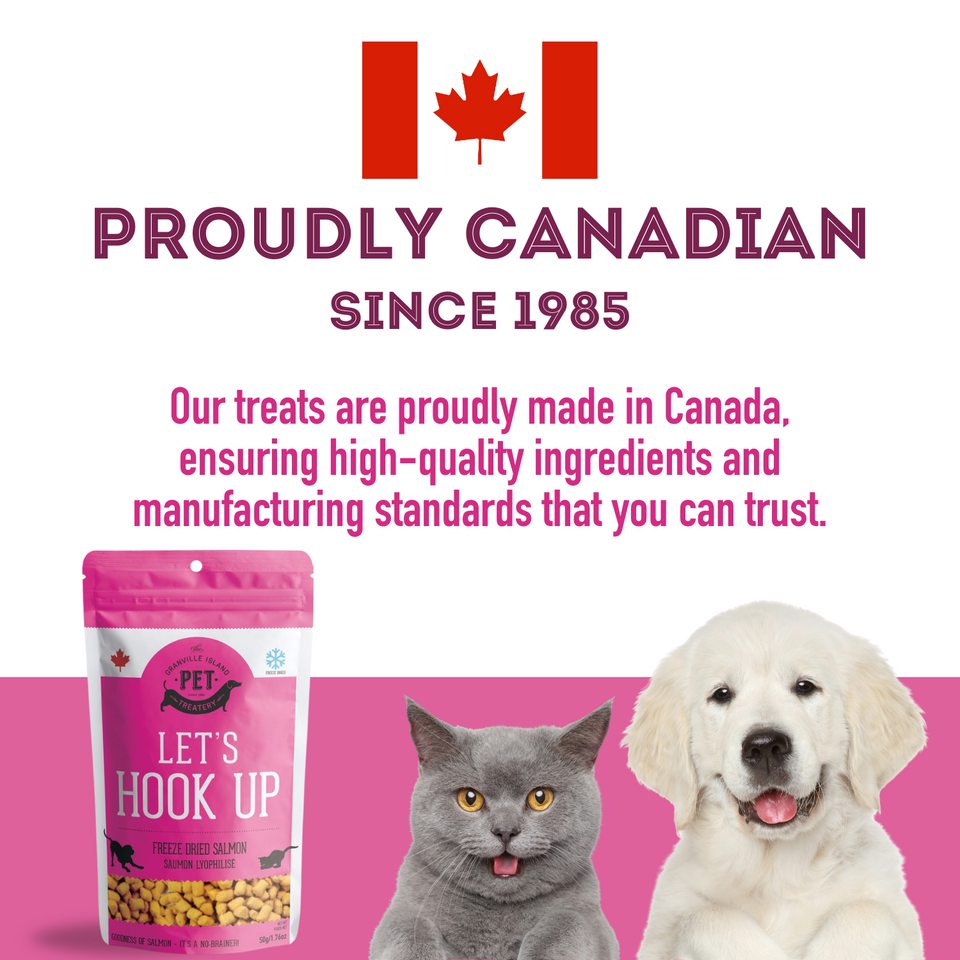 Let's Hook Up - Freeze Dried Wild Salmon Treat for Dogs & Cats. It's proudly canadian made since 1985, ensuring high-quality ingredients and manufacturing standards that you can trust.