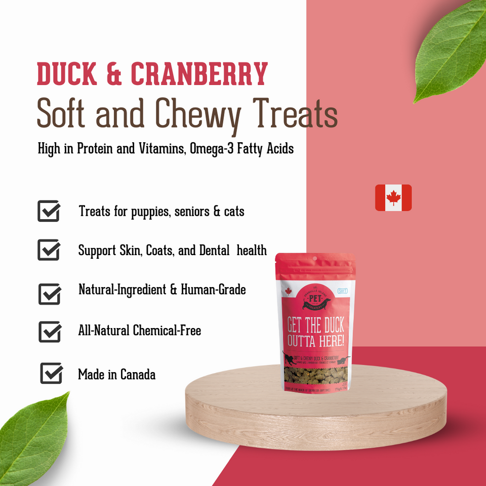 Get the Duck Outta Here! - Soft & Chewy Duck & Cranberry Treat for Dogs & Cats. It's high in protein and vitamins, omega 3 fatty acids.