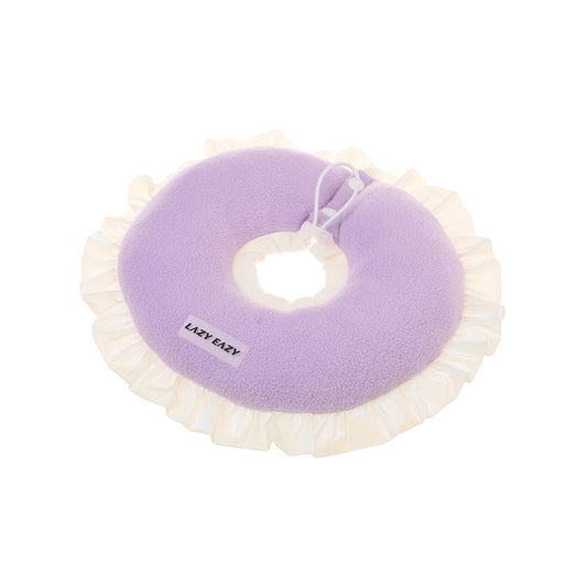 Purple donut-shaped post-surgery recovery collar for dogs and cats with ruffles
