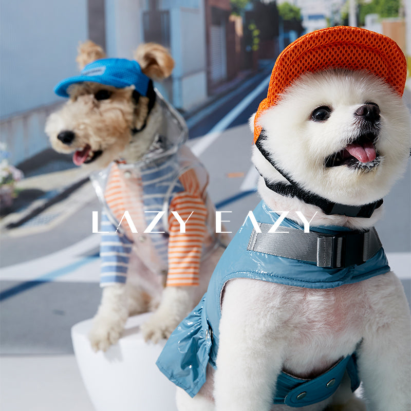 A white Pomeranian dog model in an orange mesh cap in the front and a wire fox terrier in a blue mesh cap in the back.
