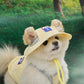 Dog wearing a cooling bucket hat.