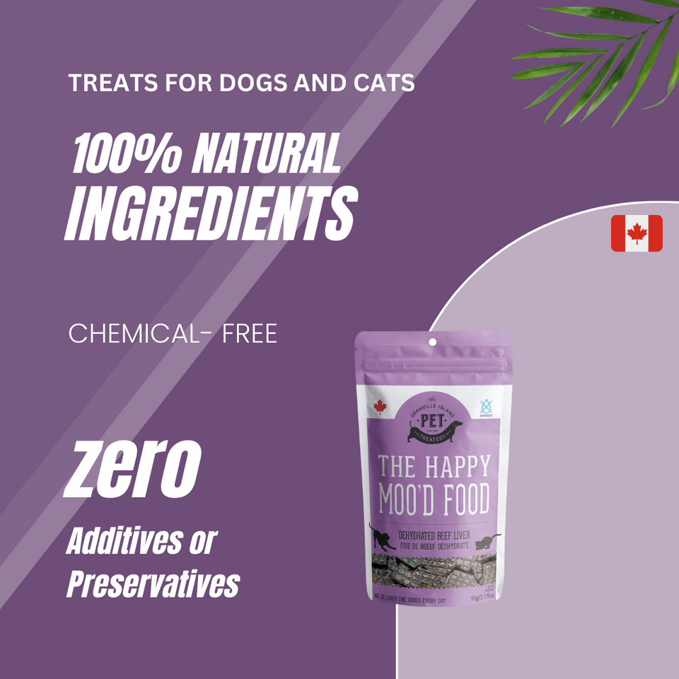 The Happy Moo'd Food - Dehydrated Beef Liver Treat for Dogs & Cats. It has 100% natural ingredients. It's chemical free and it has zero additives or preservatives.