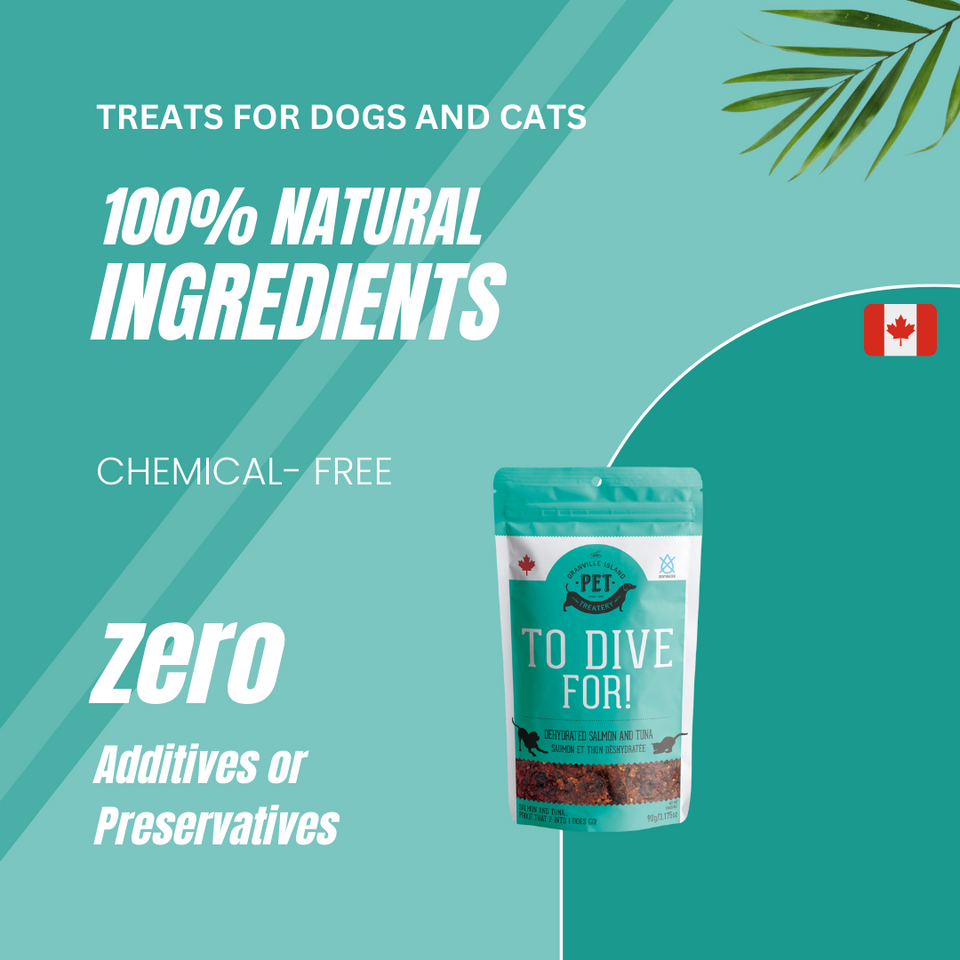 To Dive For - Dehydrated Wild Salmon & Tuna Treat for Dogs & Cats. It's made with 100% natural ingredients. It's chemical-free. It has zero additives or preservatives.