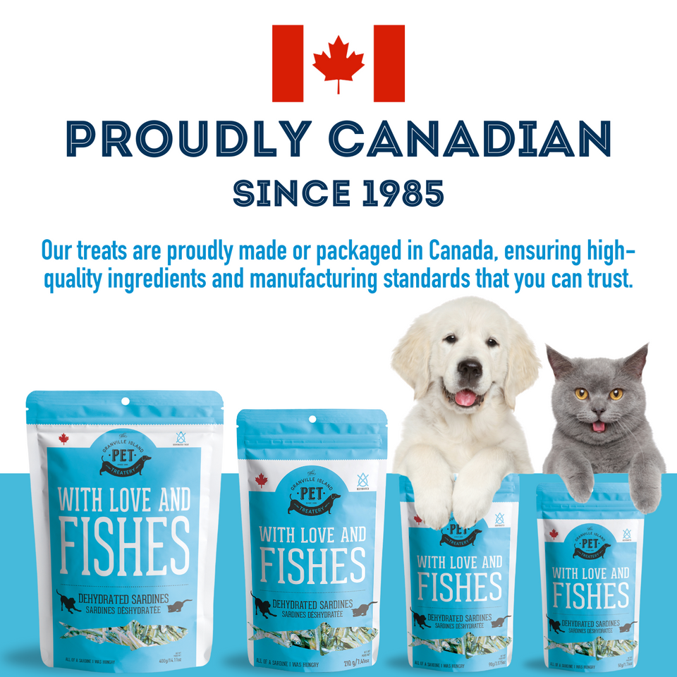 With Love and Fishes - Dehydrated Sardines Treat for Dogs & Cats. It is proudly made or packaged in Canada, ensuring high-quality ingredients and manufacturing standards that you can trust.