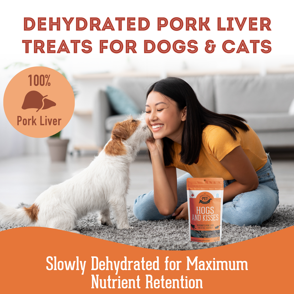 Hogs and Kisses - Dehydrated Pork Liver Treat for Dogs & Cats. It's 100% pork liver slowly dehydrated for maximum nutrient retention.