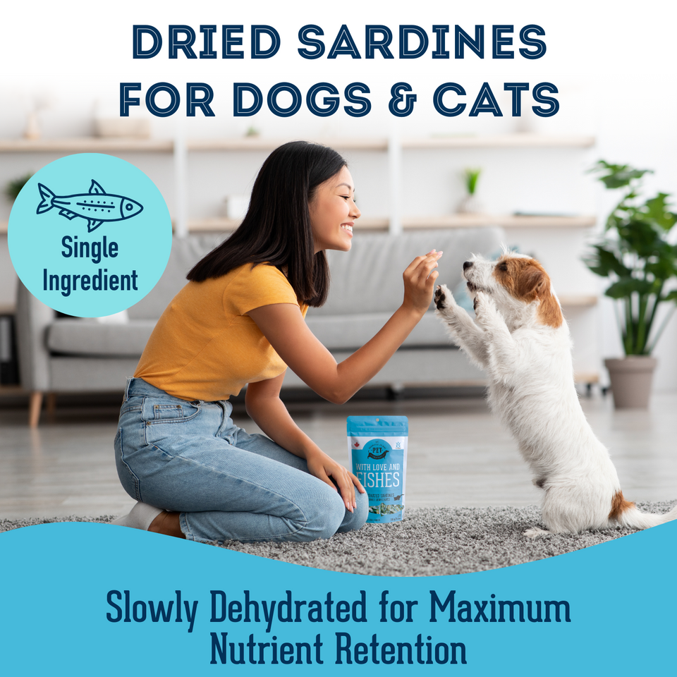 With Love and Fishes - Dehydrated Sardines Treat for Dogs & Cats. It's slowly dehydrated for maximum nutrient retention.