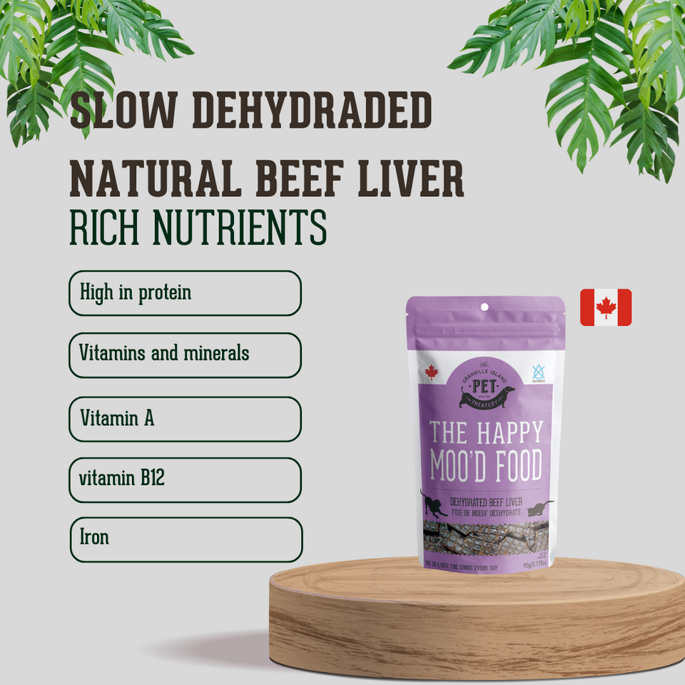 The Happy Moo'd Food - Dehydrated Beef Liver Treat for Dogs & Cats. It's high in protein, vitamins and minerals like vitamin A, vitamin B12, and iron.