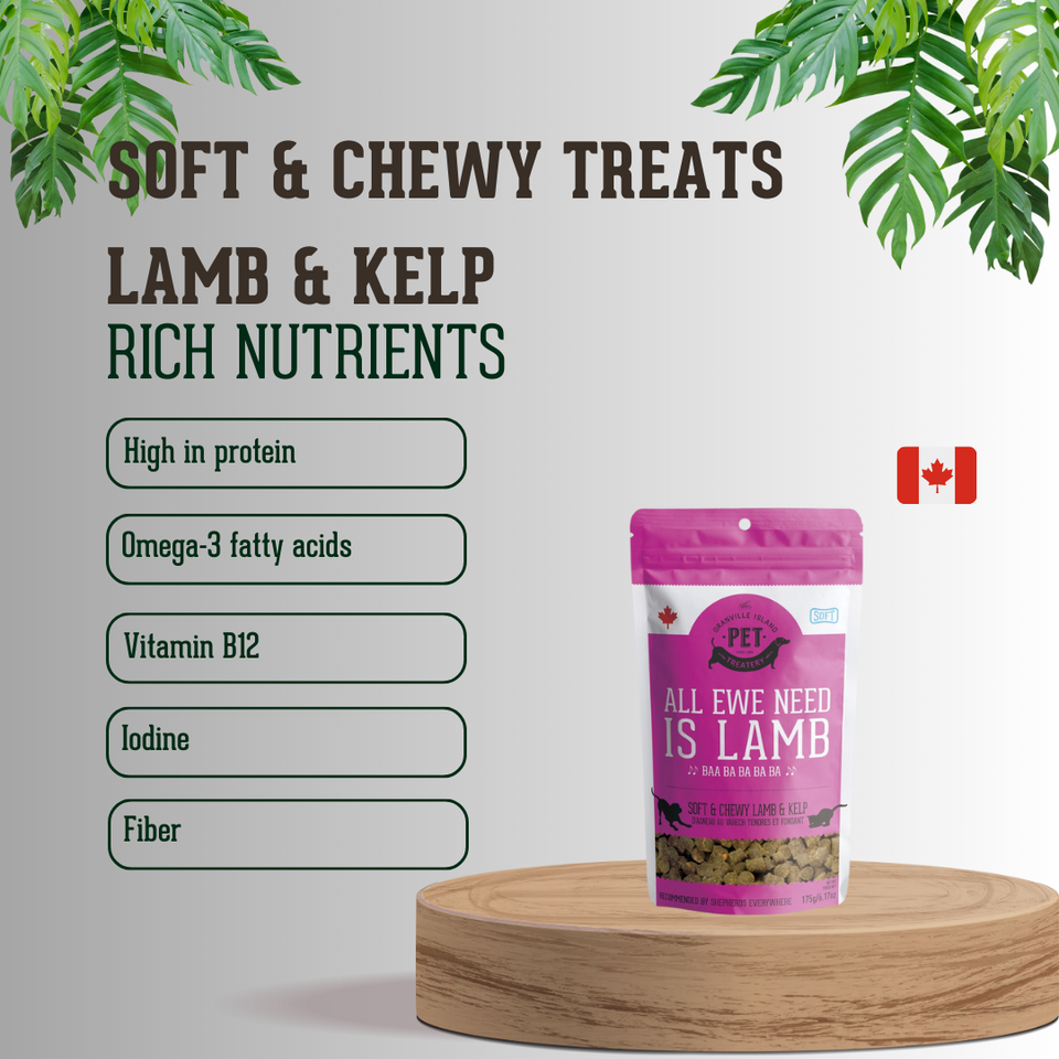 All Ewe Need is Lamb - Soft & Chewy Lamb & Kelp Treat for Dogs & Cats. It's high in protein, omega 3 fatty acids, vitamin B12, Iodine and fiber.