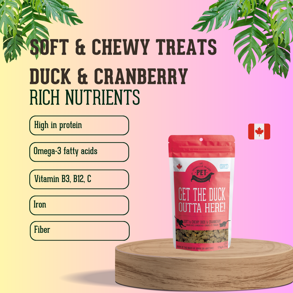 Get the Duck Outta Here! - Soft & Chewy Duck & Cranberry Treat for Dogs & Cats. It's rich in protein, omega 3 fatty acids, vitamin B3, B12, C, Iron, and fiber.