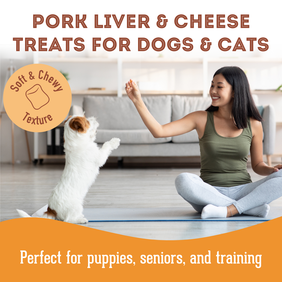 It's Like A Healthy Bacon Cheeseburger - Soft & Chewy Pork Liver & Cheese Treat for Dogs & Cats. It's perfect for puppies, seniors, and training.