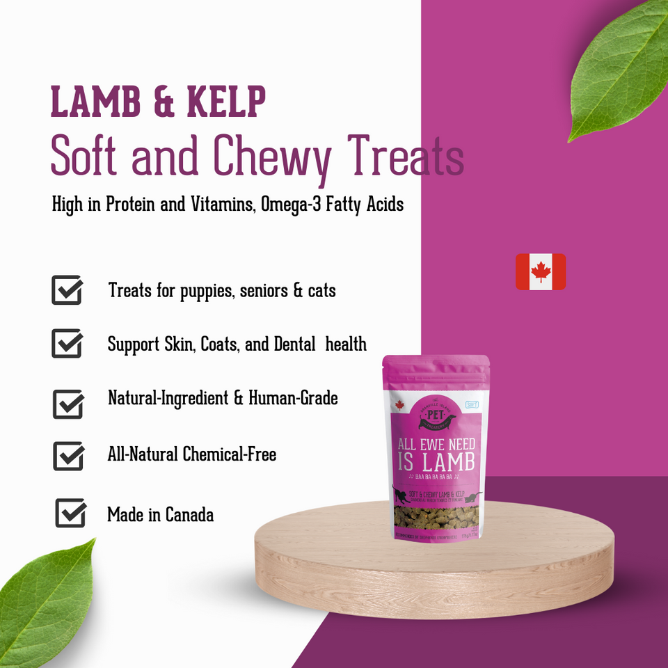 All Ewe Need is Lamb - Soft & Chewy Lamb & Kelp Treat for Dogs & Cats. It's high in protein and vitamins, omega 3 fatty acids.