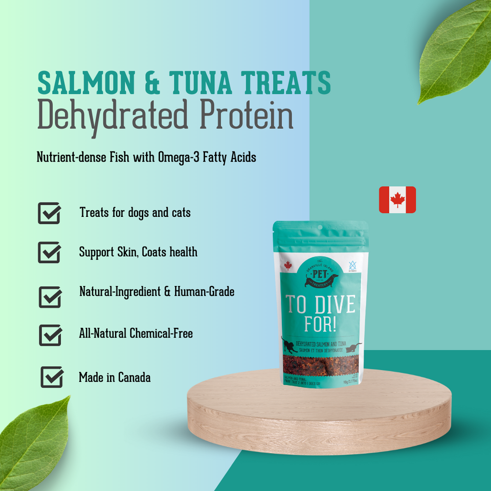 To Dive For - Dehydrated Wild Salmon & Tuna Treat for Dogs & Cats. It's made with nutrient-dense fish with omega-3 fatty acids. It's a treat for both dogs and cats. It supports skin and coats health. It is made with natural and human-grade ingredients. It's all natural and chemical-free. It's made in Canada.