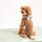 Red poodle dog model sitting wearing a checked step-in dog harness with decorative collar back view
