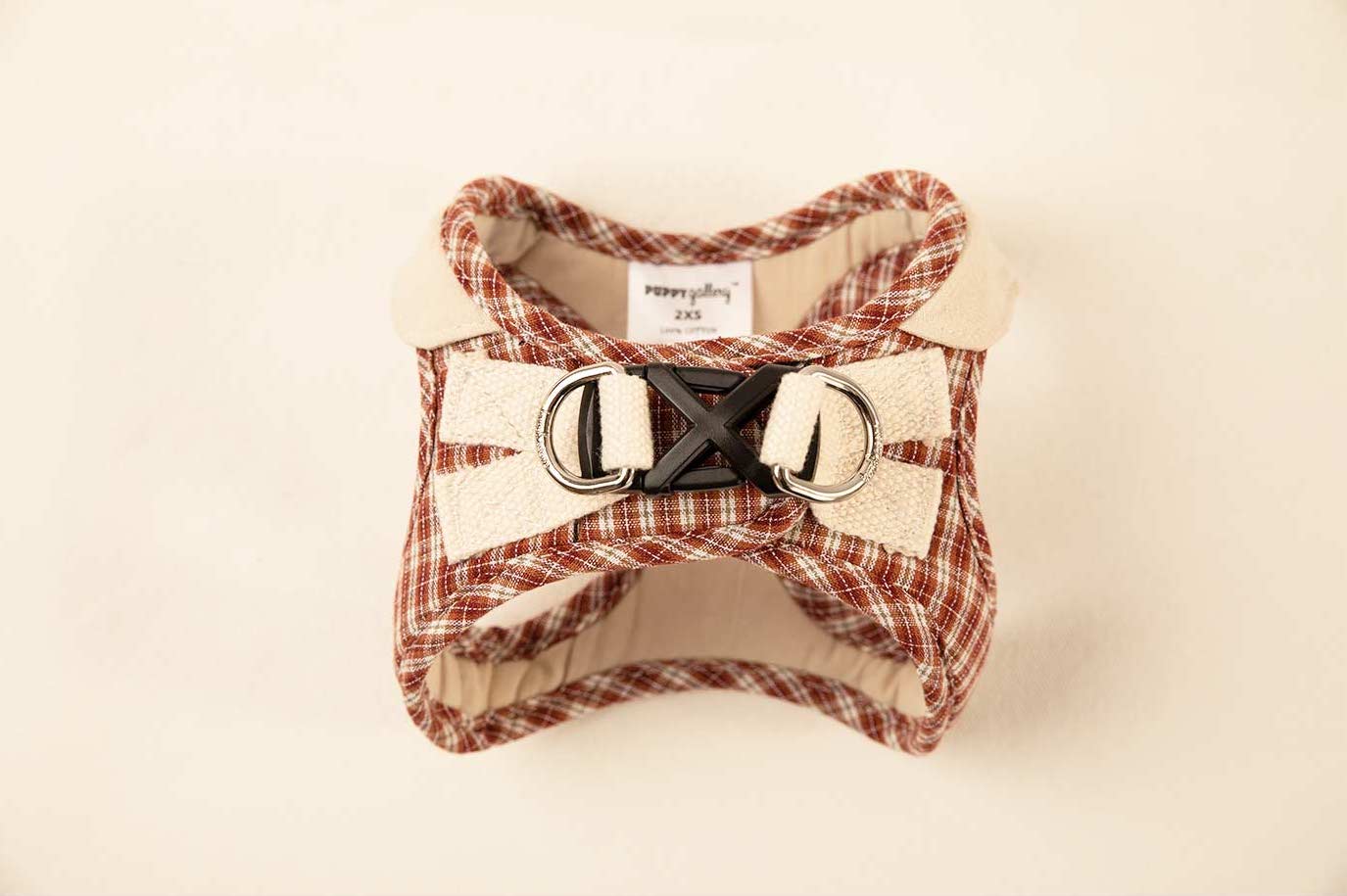 Red checked step-in dog harness details back view