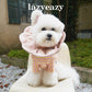 A bichon frise dog wearing a pink flower-shaped soft recovery cone sitting on a chair.