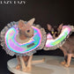 Two cats wearing a donut shaped recovery post-surgery recovery collar with ruffles