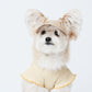 A dog model in a ruffle short sleeve T-shirt with a beige sun visor.