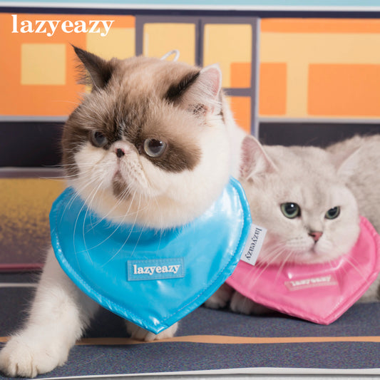 An exotic shorthair cat wearing a blue puffy heart-shaped waterproof bandana. A british shorthair cat wearing a pink puffy heart-shaped waterproof bandana.