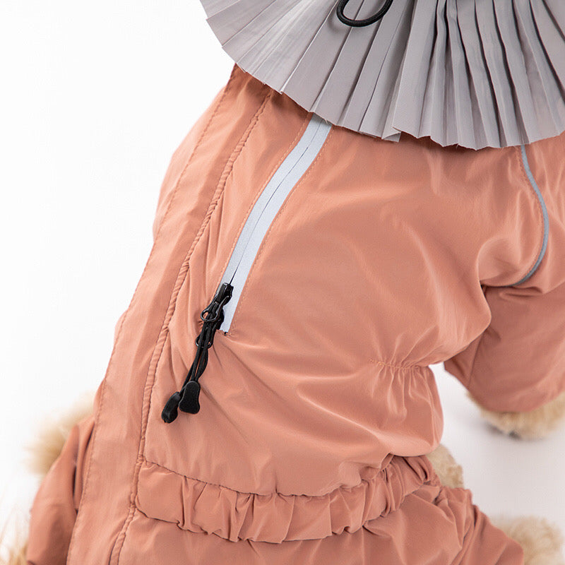 Pink dog raincoat with grey hood back details