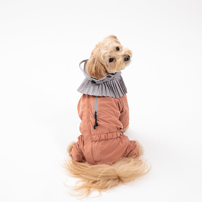 Poodle dog model in a pink raincoat with grey hood back view