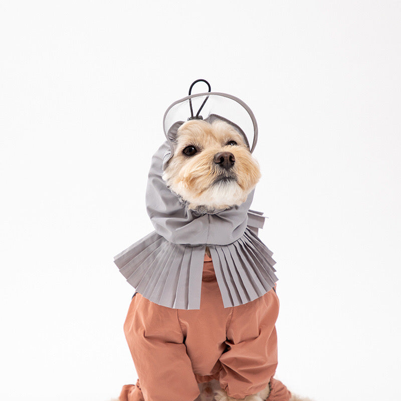 Poodle dog model in a pink raincoat with grey hood front view