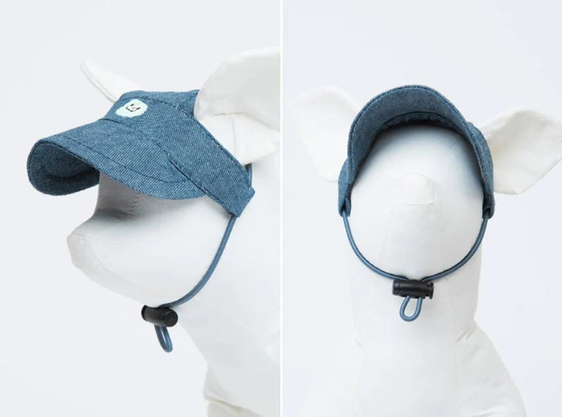 A dog model with a denim sun visor profile and front view.