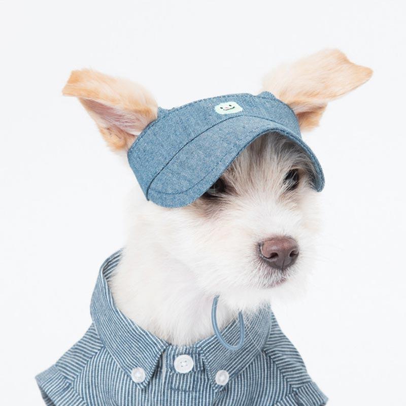 A white dog in a striped short-sleeved denim shirt with a matching sun visor.